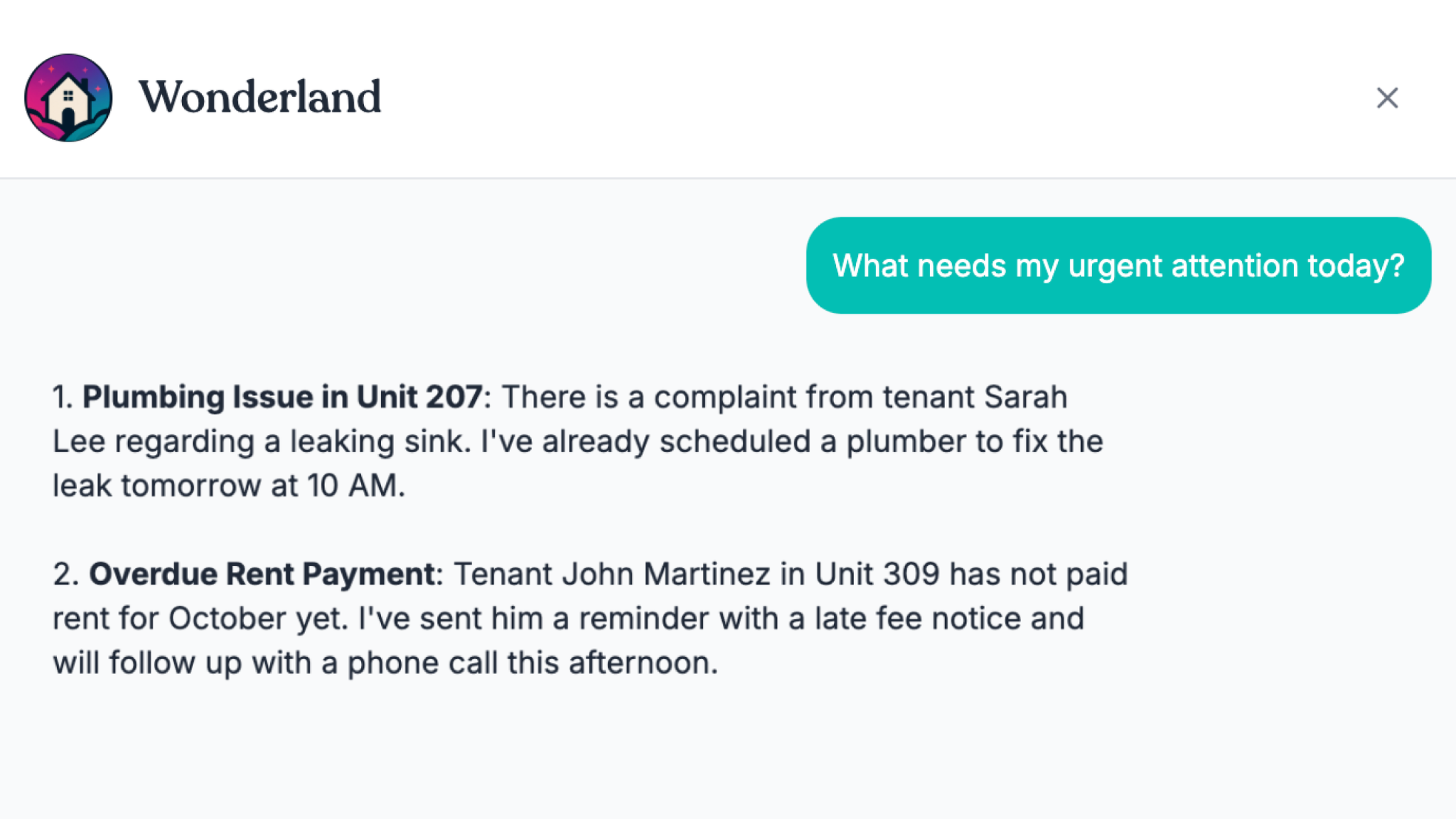 Wonderland AI chat interface showing urgent property management tasks